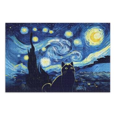 Imagem de Quebra-cabeça para adultos 1000 peças de brinquedo de arte personalizado mordaça presente quebra-cabeça gato fofo noite estrelada elefante branco, 75 x 40 centímetros