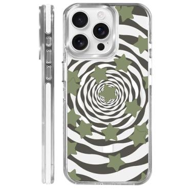 Imagem de MQJCYB Capa magnética para iPhone 15 Pro Design em base transparente, compatível com MagSafe, capa protetora fina de TPU macio para telefone feminino e meninas - Vortex camuflagem estrela verde