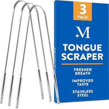 Imagem de Raspador de língua para adultos, raspador de língua de metal de aço inoxidável para limpeza da língua e redução do mau hálito, raspador de língua estilo pinça para higiene bucal com capa, reutilizável