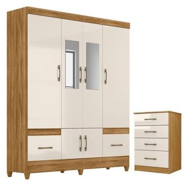 Imagem de Guarda Roupa Casal MS912 com espelho e Cômoda MS913 Freijó Off White  