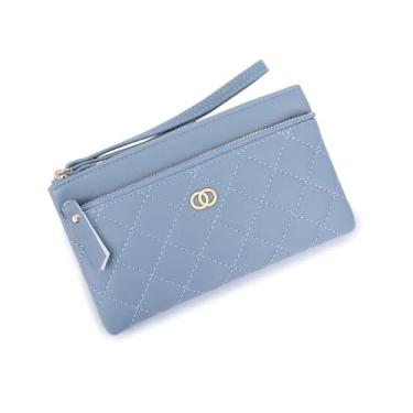 Imagem de Carteira feminina de couro azul fina fina com bolso frontal RFID com bloqueio de cartão com zíper duplo