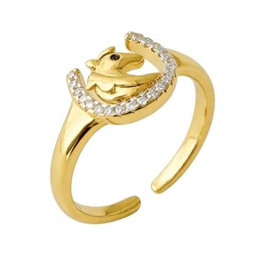 Imagem de OIDIMS Anel de cavalo em ferradura delicada para mulheres moderno CZ cristal ferradura ajustável no meio aberto anel de dedo em forma de U anéis de declaração de boa sorte moda animal fofo ajuste