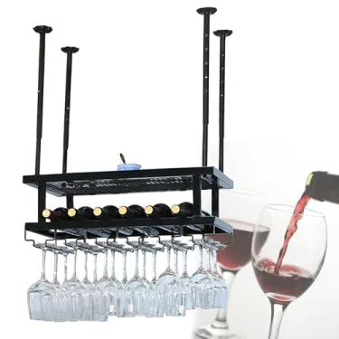 Imagem de Prateleira de vinho prateleira de metal para garrafa de vinho de teto grande capacidade cabide de taça de vinho arrumado vinho champanhe rack de vidro preto bronze ajustável fácil de montar