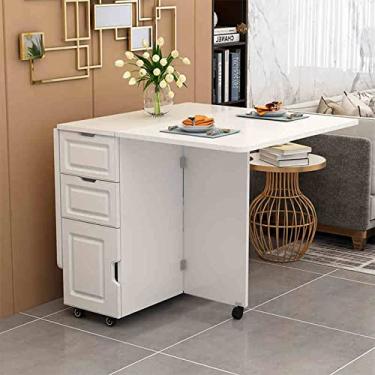 Imagem de ZXLPHA Mesa de jantar dobrável extensível, mesa de cozinha com rodas e prateleiras de armazenamento, mesa móvel multifuncional, mesa de jantar com economia de espaço para sala de jantar em casa