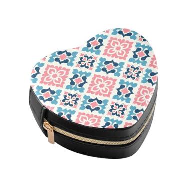 Imagem de Burbuja Caixa de joias em formato de coração de quadrifólio azul rosa mini estojo de joias de viagem para mulheres e meninas, organizador portátil de armazenamento para brincos, anéis, colares e