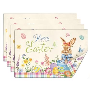 Imagem de comfoyar Jogo americano de ovo de coelhinho da Páscoa, conjunto com 4, tapetes antiderrapantes de linho, 30 x 45 cm, tapetes de mesa absorventes laváveis para decoração de mesa de jantar e festa de