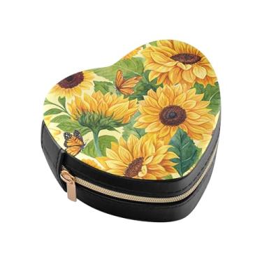 Imagem de Burbuja Caixa de joias em forma de coração de girassóis mini estojo de joias de viagem para mulheres e meninas, estojo portátil organizador de armazenamento para brincos, anéis, colares e pulseiras