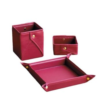 Imagem de Kit Organizadores de Mesa Escritório - Porta Canetas, Porta Clipes e Mini Bandeja - Couro Sintético (Vermelho)