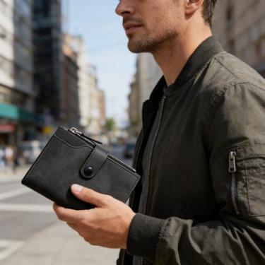 Imagem de Carteira masculina de couro sintético de grande capacidade com bloqueio de RFID com duas janelas para identidade e 15 porta-cartões, Preto, Retrô