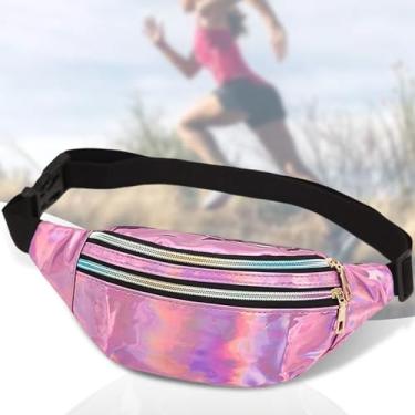 Imagem de Pochete feminina holográfica, transversal, à prova d'água, com cinto ajustável, bolsa de quadril, moderna, esportiva, PU, brilhante, pochete, Rosa claro, Pacotes de cintura