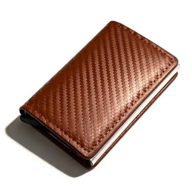 Imagem de Carteira masculina com bloqueio minimalista, porta-cartões com clipe para dinheiro, porta-cartões de metal e caixa de presente, proteção para cartão de crédito e identidade, Fibra de carbono marrom