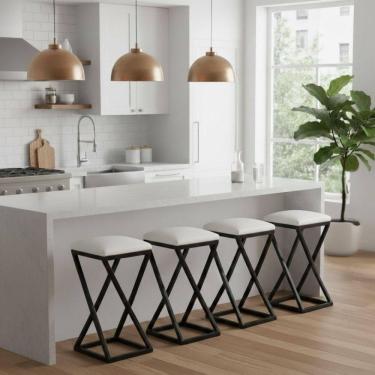 Imagem de Kit 4 Banqueta Banco Baixa Bancada 50 Cm Cozinha Bar Corino Branco