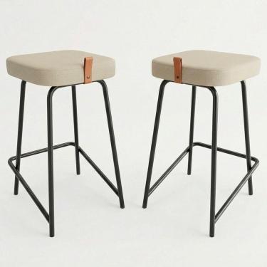 Imagem de Kit 02 Banquetas Médias Para Cozinha Vik Estofada Linho Bege - Desk Design