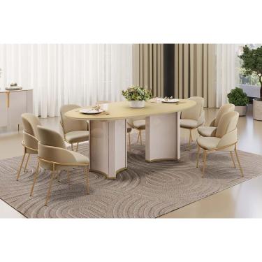 Imagem de Conjunto: Mesa Sala Jantar Liz c/ Tampo Madeirado c/ Vidro Oval 218x108cm e 8 Cadeiras Vitta Off White/Dourado - Linho Bege - DJ Móveis