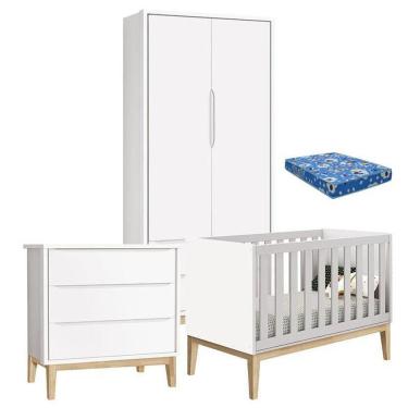 Imagem de Quarto De Bebê Classic 2 Portas Com Colchão E Cômoda Gaveteiro Branco Pés Madeira Natural ? Reller