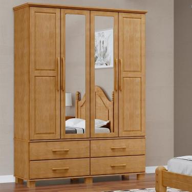 Imagem de Guarda Roupa Casal Bipartido 4 Portas Bater 4 Gavetas Madeira Maciça Espelho Freijo Milani Movelaria