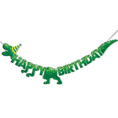 Imagem de Banner de dinossauro Happy Birthday em aquarela - Decorações de festa de aniversário de dinossauro para meninos e crianças suprimentos de festa com tema de dinossauro T-Rex decoração de parede pré-amarrada