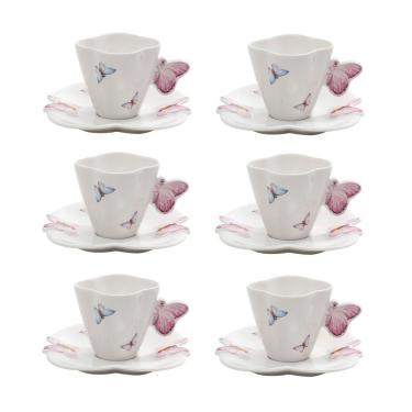 Imagem de Cj 6 Xícaras P/Café C/Pires de Porcelana Branca Borboletas 100ml Wolff