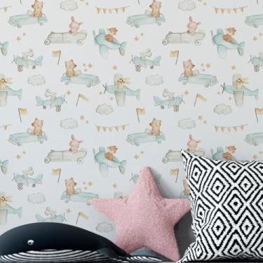 Imagem de Papel de Parede Carrinho infantil Decorado Aquarela Animais Auto Colante Lavavel 6m