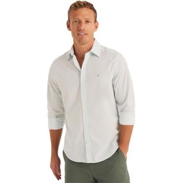 Imagem de Nautica Camisa masculina de manga comprida com botão frontal resistente a rugas, (Coleção 2024) Estampa azul-petróleo branco, G