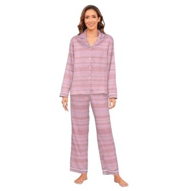 Imagem de KLL Conjunto de pijama de seda listrado rosa moda para mulheres confortável perna larga pijama de seda pijama de festa única despedida de solteira, Moda listrada rosa, G