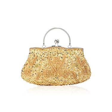 Imagem de Bolsa clutch para noite feminina vintage com contas de lantejoulas bolsa de ombro floral moderna, Dourado, One Size
