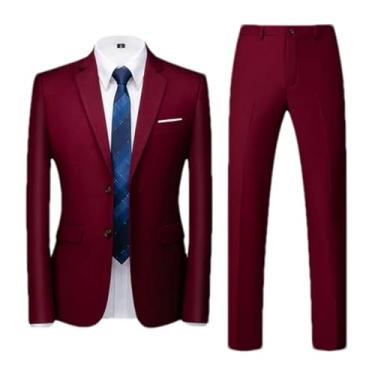 Imagem de Ternos masculinos de cor sólida casual primavera outono blazer masculino dois botões jaqueta casaco calças, Vinho tinto, XX-Large