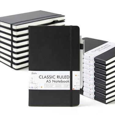 Imagem de feela Pacote com 18 cadernos para trabalho, caderno de negócios, capa dura, forrada, com suporte para caneta, para anotações, masculino e feminino, com 18 canetas pretas, 120 g/m², 13 cm x 21 cm, A5, preto