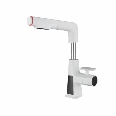Imagem de Torneira de lavatório torneira de pia de tela de dispalia digital, torneiras de cabeça de pulverizador de fluxo de puxar/chuveiro, misturador de ajuste de altura de água quente/fria (cor: branco)