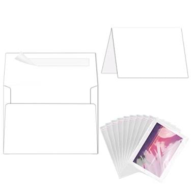 Imagem de Pacote com 100 cartões brancos e envelopes Goefun, cartolina dobrada 12,7 x 18,1 cm e envelopes A7 autoselantes com bolsas transparentes para violoncelo para convites, casamento, aniversário e cartões comemorativos faça você mesmo