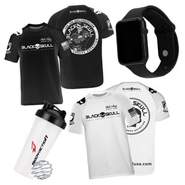 Imagem de Kit 2x Camiseta Black Skull Bope Preta e Caveira Branca + Relógio + Coqueteleira Shaker-Unissex