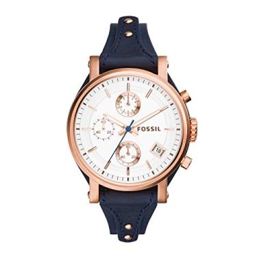 Imagem de Fossil Relógio feminino original Boyfriend com mostrador de cronógrafo e pulseira de couro genuíno, Ouro rosa, azul, One Size, Relógio Boyfriend Original