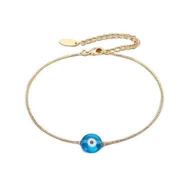Imagem de Pingyongchang Pulseira azul turca com contas de olho turco boêmio olho de diabo hamsa corrente de cobre colorida dourada pulseira ajustável para mulheres e homens joias, Metal, Metal