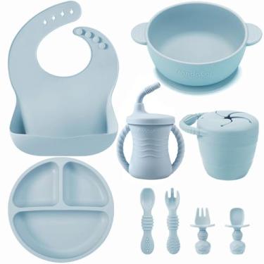 Imagem de PandaEar Conjunto de alimentação infantil em silicone | 9 peças para desmame guiado pelo bebê e autoalimentação | prato dividido com sucção, tigela, babadores, copo de transição com canudo, recipiente