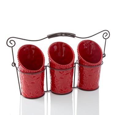 Imagem de Organizador de talheres de cozinha – 3 suportes de utensílios de cerâmica (10 cm de diâmetro x 17 cm de altura cada) e 1 suporte de arame – Vermelho