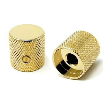 Imagem de Vintage Forge Botões de barril serrilhados finos dourados de topo plano compatíveis com guitarra Fender Telecaster e P-Bass de precisão (conjunto de 2) eixo sólido de 1/4 polegada BK40US-GLD