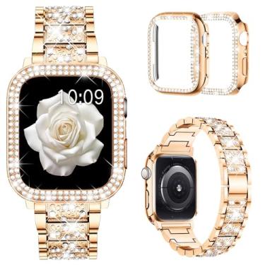 Imagem de Mosonio Compatível com Apple Watch Band de 42 mm com capa feminina, pulseira de metal de substituição com 2 unidades de capas protetoras de policarbonato brilhantes para iWatch Series 3/2/1 (ouro rosa)
