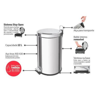 Imagem de Lixeira Tramontina Brasil com Pedal 12L Redonda Inox, Prata