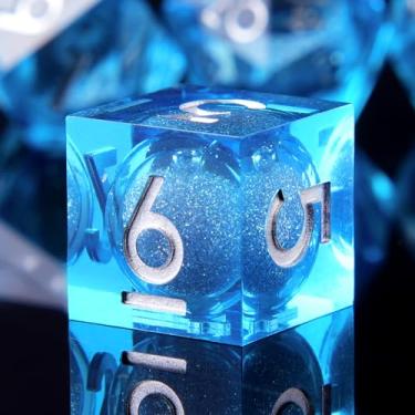 Imagem de Handmade Liquid DND Dice Set, Liquid Core DND Dice Quicksand Ball, 7 Accessories Dice for Dungeons and Dragons Games, Multi-Sided RPG Polyhedral Resin Sharp Edge Dice Roleplaying Games（Liquid Blue ）