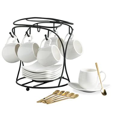 Imagem de Conjunto de xícaras de café expresso com pires, xícaras de café de porcelana e suporte de metal e colheres pequenas, copos de demitasse para café, latte, mocha, cappuccino e chá, conjunto de 6, branco