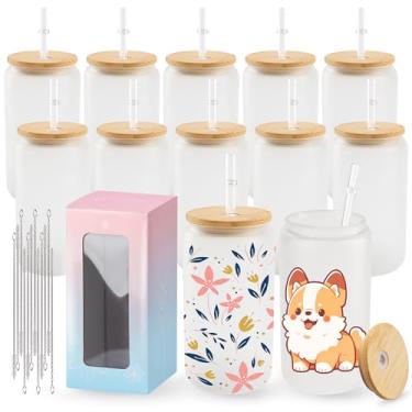 Imagem de Joyclub Pacote com 12 copos de vidro fosco de sublimação com tampas e canudos, 473 ml, copo de vidro de sublimação em branco canecas em forma de lata de cerveja para smoothie de café gelado,