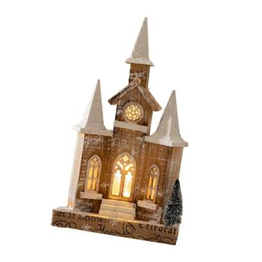 Imagem de MERIGLARE Igreja de madeira iluminada de Natal em miniatura 44x25cm Exibições decorativas de Natal Cena de neve de Natal para sala de estar Versátil