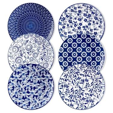 Imagem de vancasso Conjunto de 6 pratos de salada de cerâmica, 21 cm, estilo Floral, Natureza/jardim, pratos de sobremesa e frutas, azul e branco, seguro para micro-ondas e lava-louças