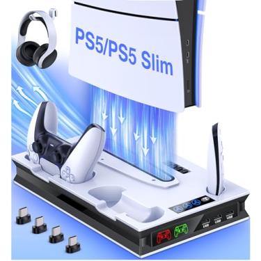 Imagem de CATZARMOR 2023 Novo Suporte Ps5 Slim e Estação de Resfriamento com Carregamento de Controlador Duplo para Playstation 5 Slim Digital Disc Edition, Acessórios para Console Ps5 Suporte Vertical com Supo