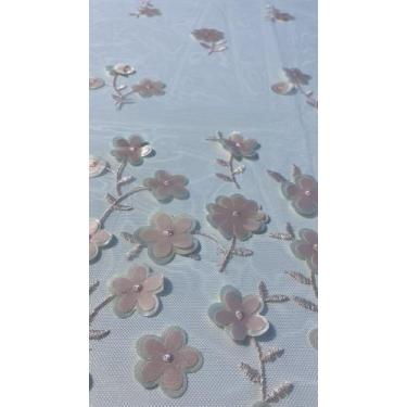 Imagem de Tule bordado Margarida  3D na cor rose com bege  - Tule 3d