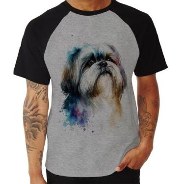 Imagem de Camiseta Raglan Cachorro Shih Tzu Watercolor - Foca na Moda, Cinza, Pr