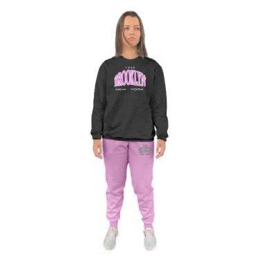 Imagem de Conjunto de Moletom Feminino Blusa Sem Capuz e Calça Jogger Estampado 