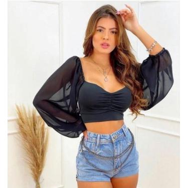Imagem de Cropped manga tule longa - M & K Shop, Preto, u