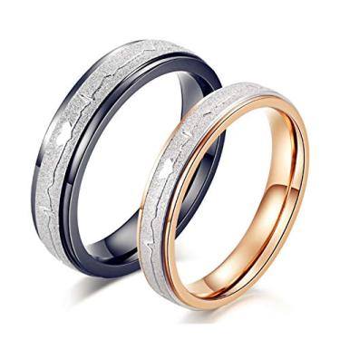 Imagem de Anéis de casal de ouro rosa preto ou dela em aço inoxidável eletrocardiograma gráfico de batimento cardíaco aliança de noivado anel de aniversário de compromisso para o dia dos namorados, Aço