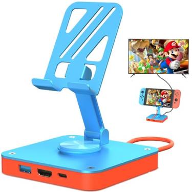 Imagem de Estação de ancoragem de TV para interruptor, hub USB C portátil 4 em 1 com suporte para telefone HDMI 2.0 4K @ 60Hz PD 100W porta de carregamento USB 2.0 480Mbps base de carregamento de substituição